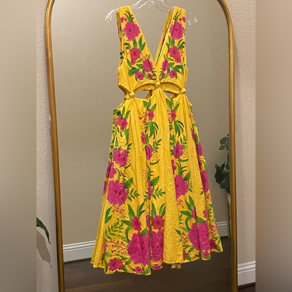 FARM Rio Romantic Garden Yellow Pink Plunge Midi Dress Size M - Picture 9 of 13